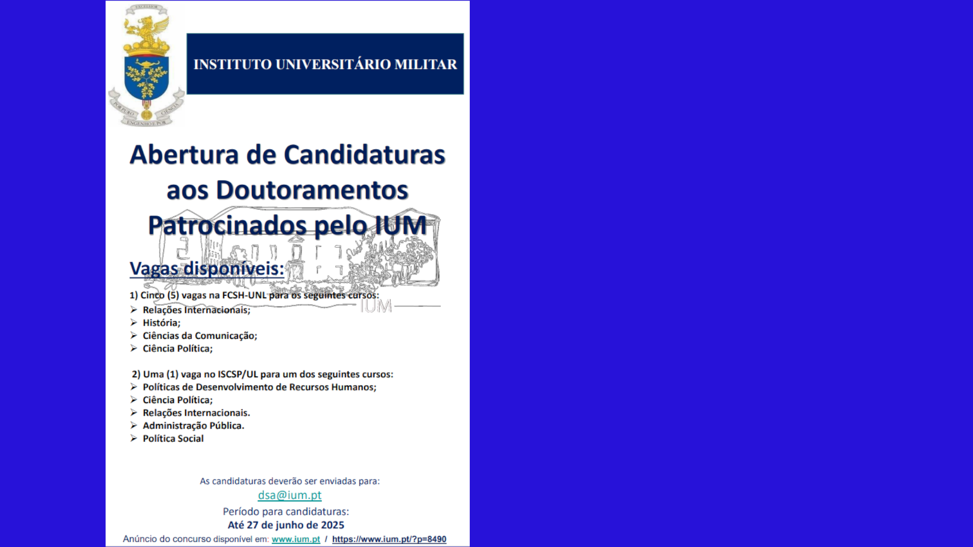 Abertura de Candidaturas aos Doutoramentos Patrocinados pelo IUM