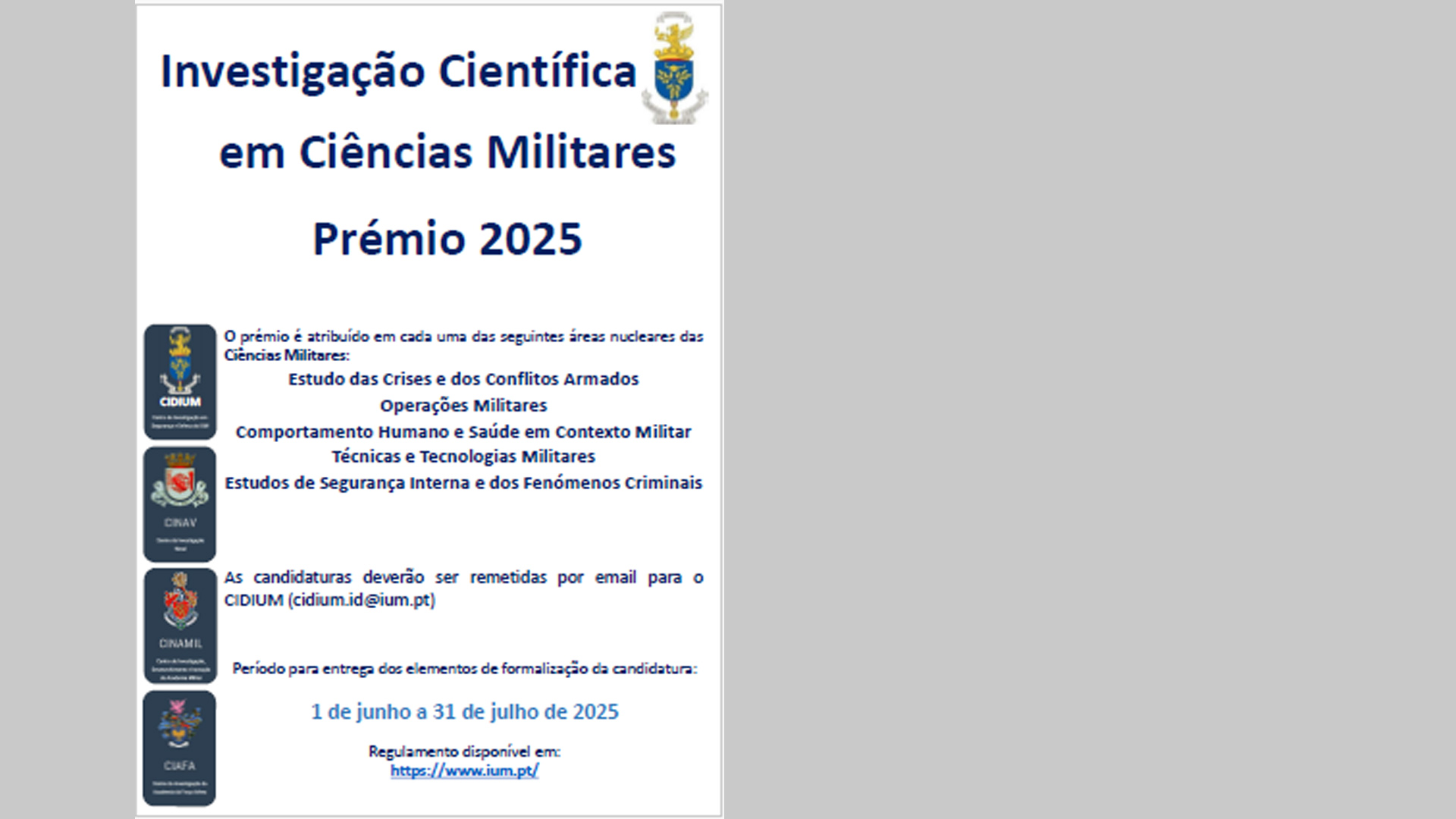 Abertura do Concurso ao Prémio “Investigação Científica em Ciências Militares 2025”